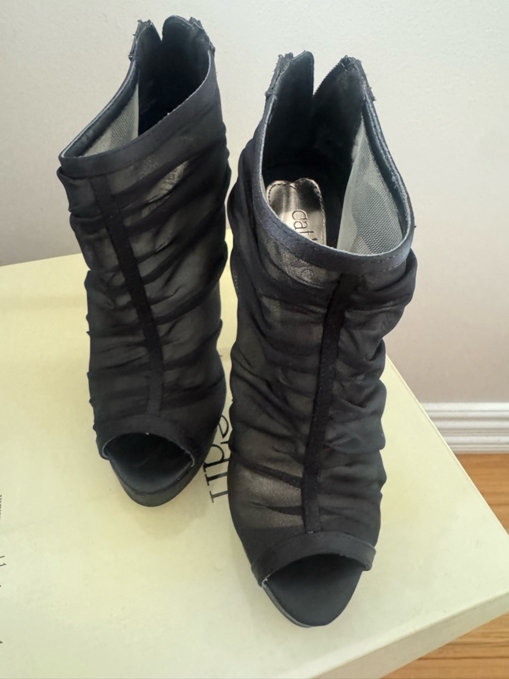 Black Ruched Peep-Toe Heeled Booties - Picture 4 of 9